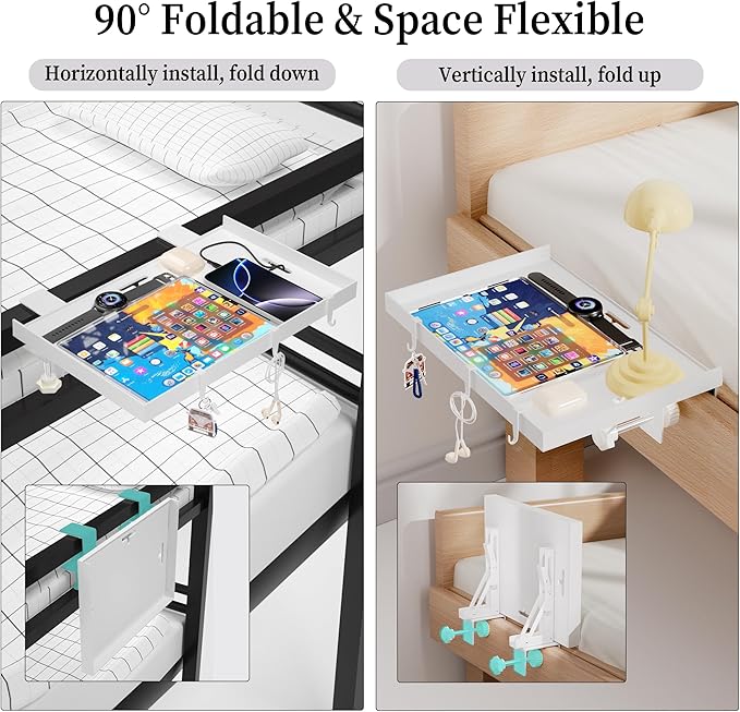 Foldable Bedside Shelf, Metal Clip-On Bed Tray Table - Image 3