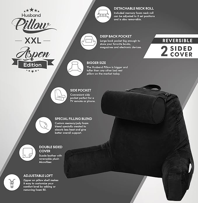 Husband Pillow XXL Aspen Edition, Adult Reading Sit Up Bed Rest Pillow - Image 4