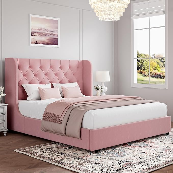 HOMBCK Pink Queen Bed Frame, Upholstered Platform Bed Frame by HOMBCK