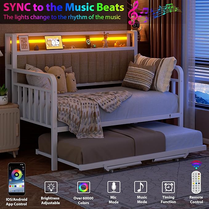 Daybed with Trundle and LED Light, Heavy Duty Metal Twin Bed Frame with - Image 5