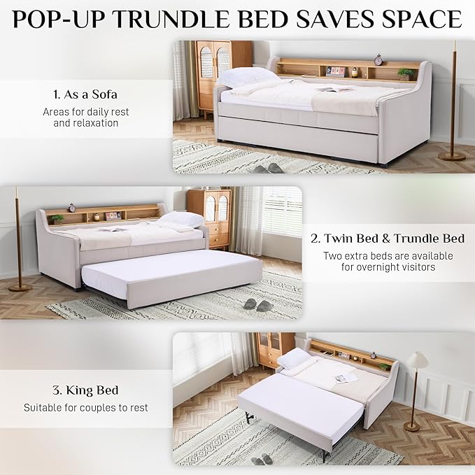 Twin Size Daybed with Pop Up Trundle Bed, Linen Fabric Upholstered Day Bed - Image 3