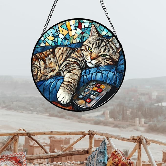 DASTOLL Stained Glass Window Hanging Gray Cat and Remote Control 6.3" - Image 5