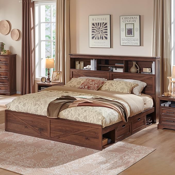 ACCOHOHO King Bed Frame with 52" Tall Headboard and 4 Drawers, LED Light - Image 3