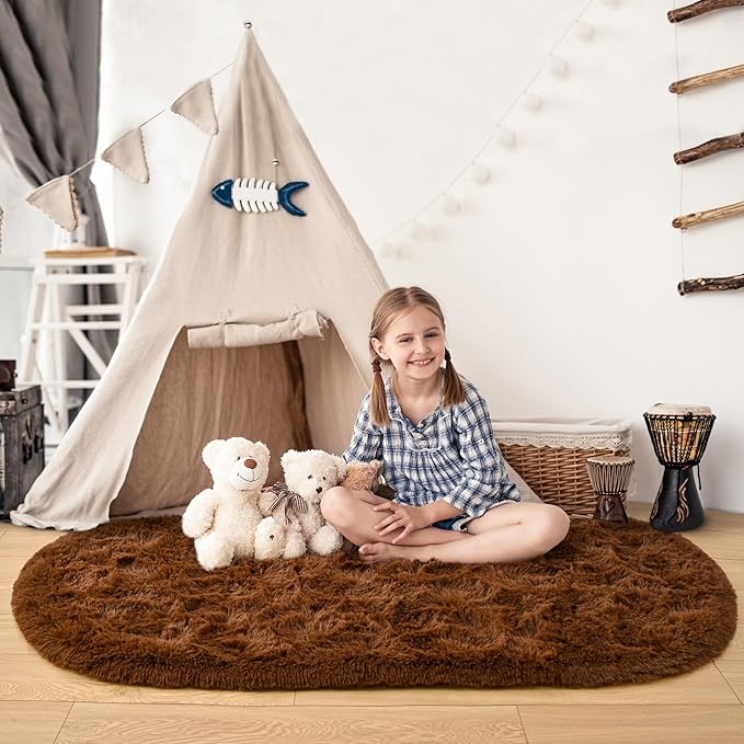 Noahas Fluffy Brown Rugs for Bedroom Living Room, 2.6'X5.3' Oval Throw Rug for - Image 7