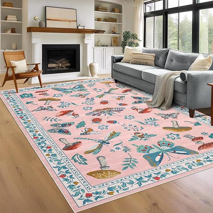 Mushroom Insect 8x10 Area Rugs, Washable Rugs by ROYHOME