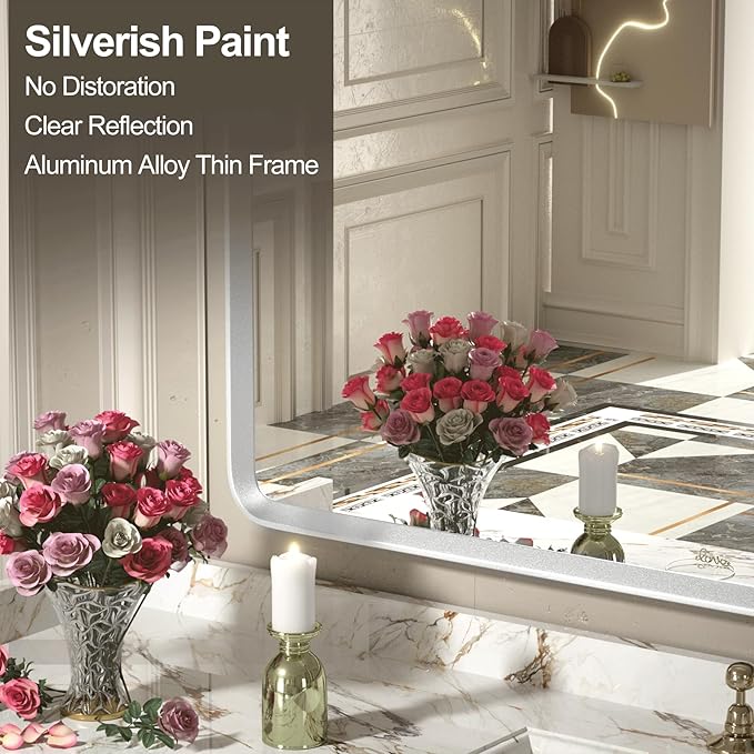 22x30 Inch Silver Bathroom Mirror, Rounded Rectangle Bathroom Vanity Mirror - Image 3