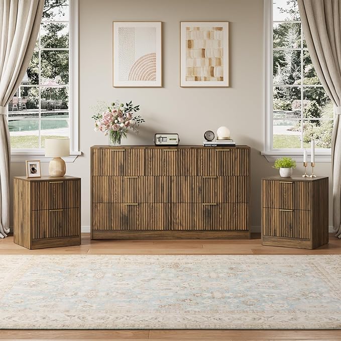 7 Drawer Dresser & Nightstand Set 3-Piece, 55” Wide Bedroom Dresser and Night by NOVAMAISON
