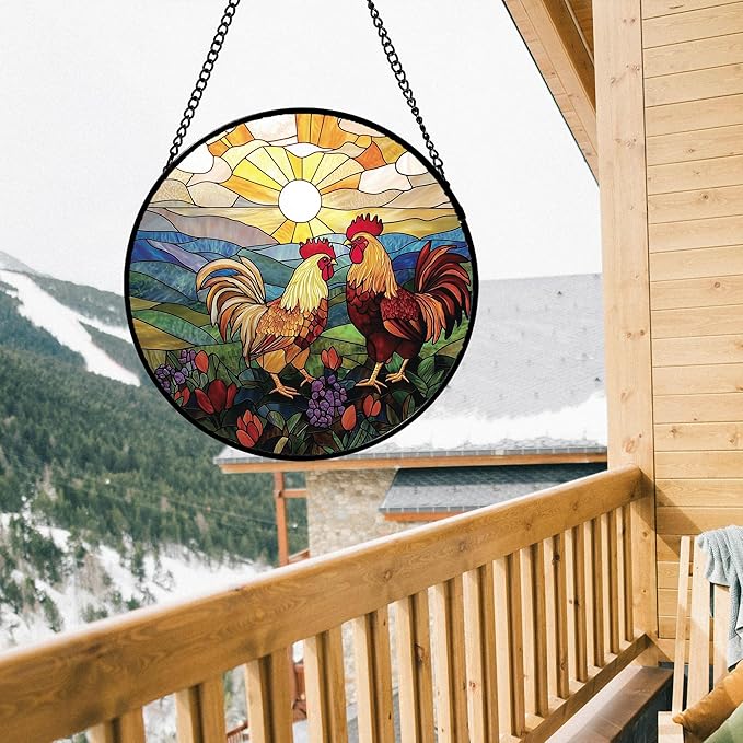 AMDERVEN Stained Glass Window Hanging, Countryside Scenery Chicken Sun Catcher - Image 2