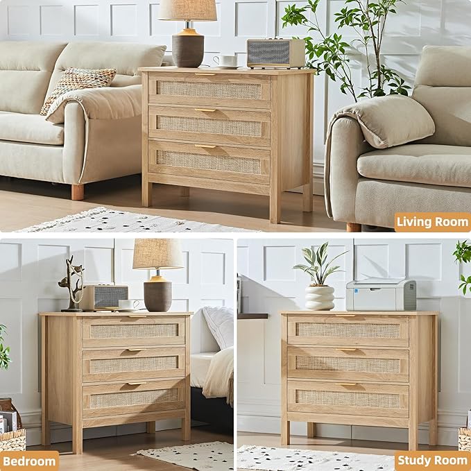 LEYAOYAO 31.5" Wide Rattan Nightstand, Large Boho 3 Drawer Night Stand - Image 8