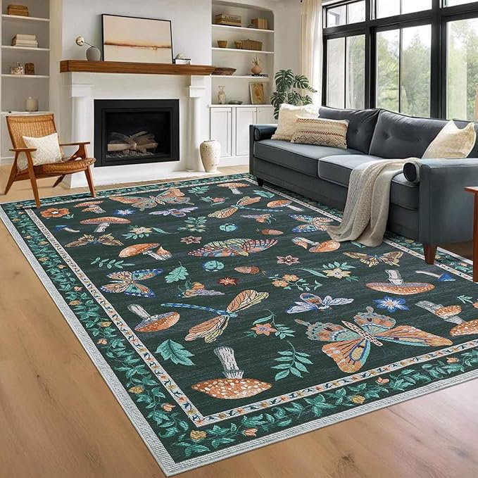 Mushroom 10x13 Area Rug for Living Room Washable Non Slip Forest Soft Low-Pile by ROYHOME