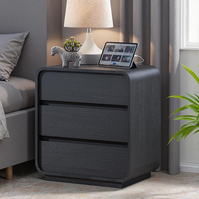 Modern Black Nightstand with Charging Station, End Table with 3 Storage Drawers - Image 3