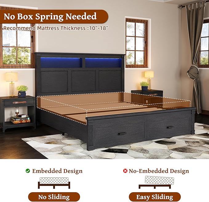53" Tall King Bed Frame with Headboard and Storage, 2 Drawers and LED Built in - Image 7