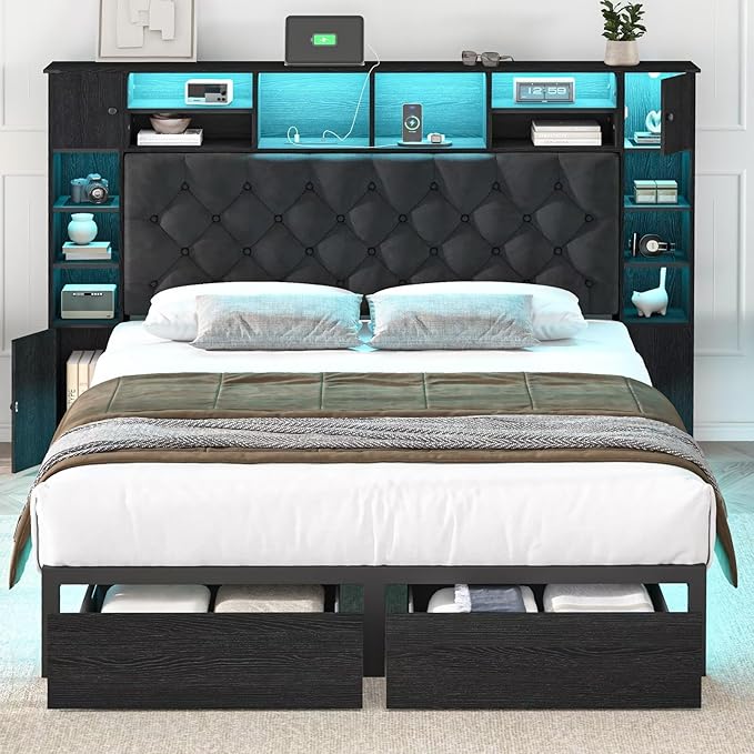 Full Size Bed Frame with Bookcase Headboard and Storage Drawers, 51.2" Metal by Siihnon