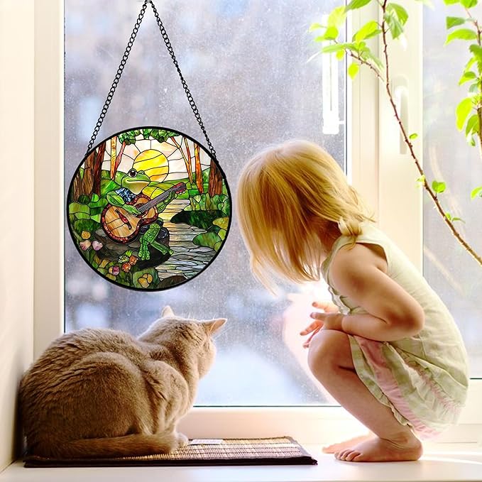 DASTOLL Stained Glass Window Hanging, Frog Playing Guitar Suncatcher Diamond - Image 2