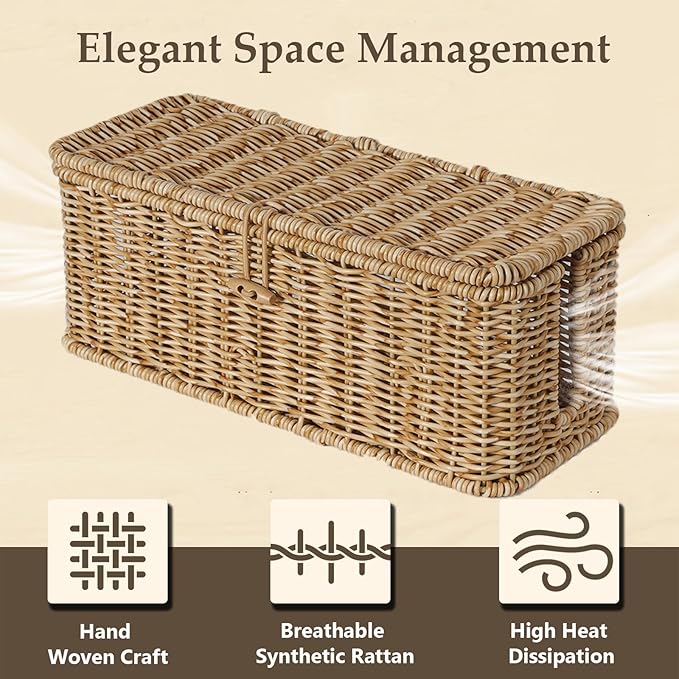 BROWNLILY Cable Management Box, Rattan Style Cord Organizer - Image 3