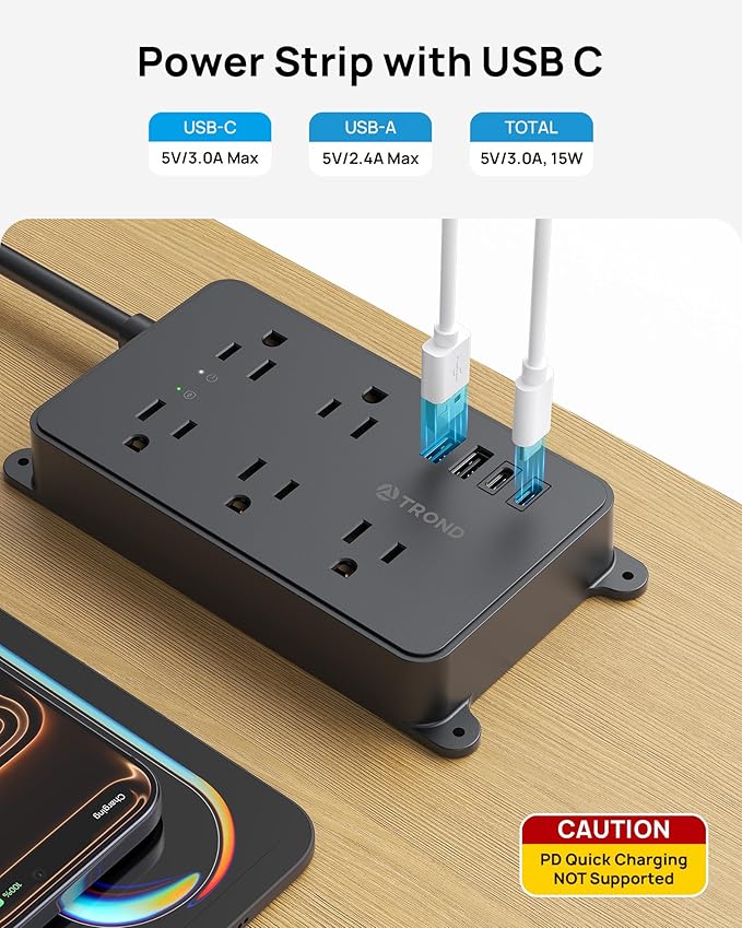 TROND 360° Rotating Flat Plug Power Strip, 5 Widely-Spaced Outlets - Image 3