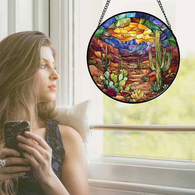 CRISGIF Stained Glass Window Hanging Cactus Mountains Landscape Large 15" - Image 4