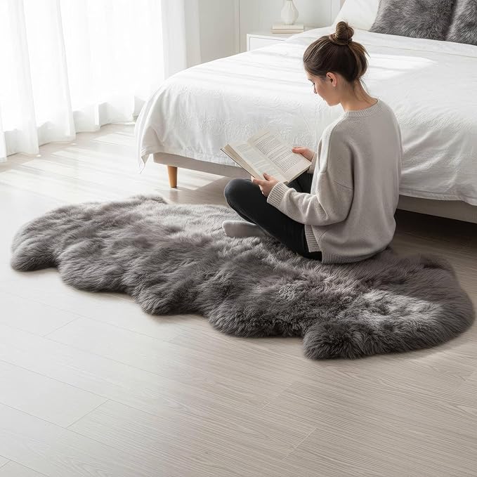 Premium Gray Sheepskin Rug Genuine Fur Bedside Runner 2x6ft - Image 3