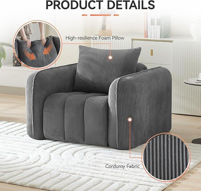 Oversized Boneless Corduroy Accent Chair, Comfy Deep Seat Armchair - Image 3