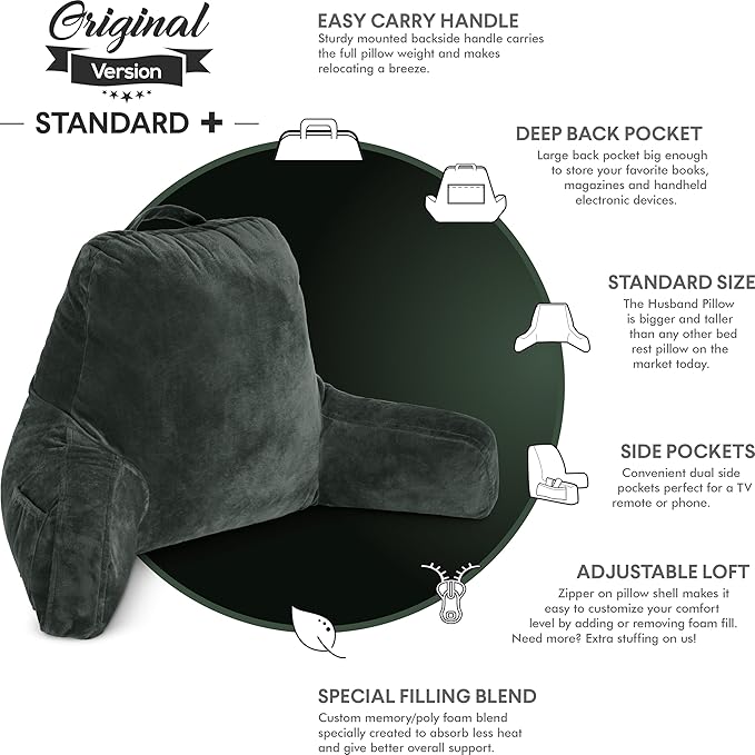 Husband Pillow Dark Green, Original Reading Pillow in Bed Rest Chair, Shredded - Image 4