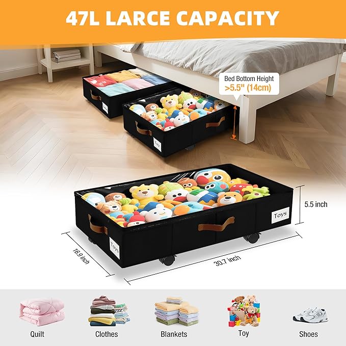 2 Pack Under Bed Storage with Wheels – 30.5×17×5.5 Inch, Underbed Storage with - Image 5