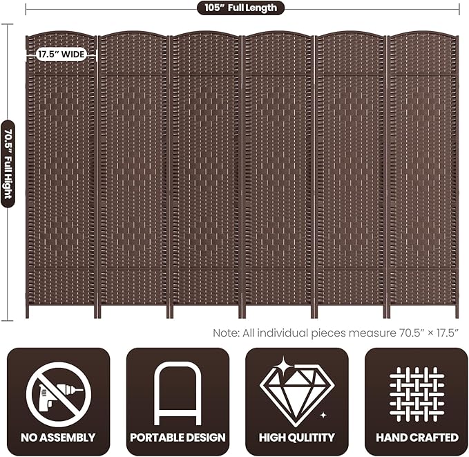 6 Panel Room Divider, 6Ft Folding Privacy Screen, Tall - Image 3