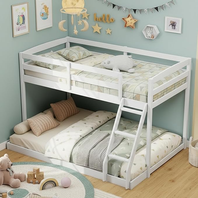 KOMFOTT Low Bunk Bed Twin Over Full, Solid Wood Twin Bed Frame by KOMFOTT