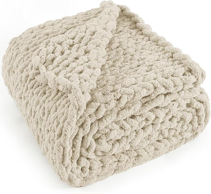 Chunky Knit Throw Blanket 60"X 80", 100% Handmade by LONGCREATE