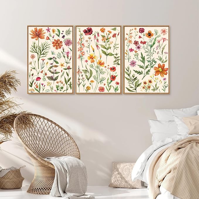 YeeHomedec Boho Wildflower Framed Canvas Wall Art, Colorful Vintage Floral Wall - Image 4