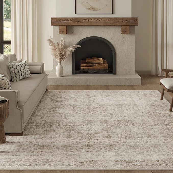 FMFUNCTEX 8x10 Washable Area Rug Beige Vintage Neutral Distressed Large Non by Fmfunctex