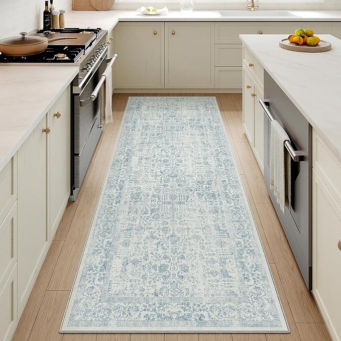 Blue Runner Rug 3x14 Hallway Machine Washable Kitchen Vintage Distressed Non - Image 6