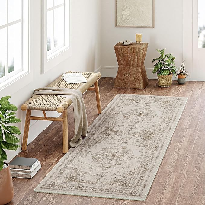 Runner Rug 2x6 Beige Hallway Washable Carpet Non Slip Vintage Medallion Carpet - Image 6
