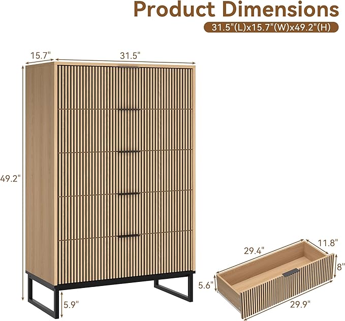 5 Drawers Dresser, 49.2’’ Tall Modern Chest of Drawers - Image 2