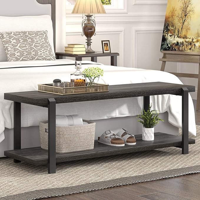 FOLUBAN 47 Inch Shoe Storage Bench, Rustic Wood and Metal Entryway Bench - Image 3