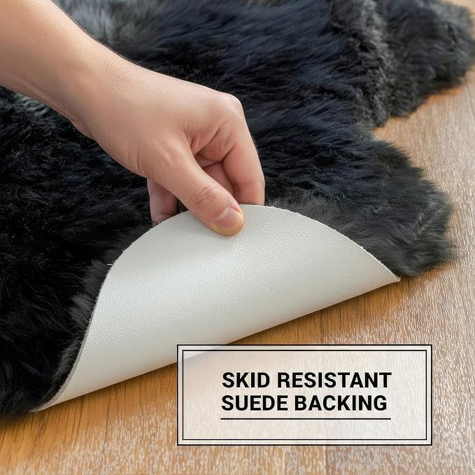 Black Sheepskin Rug 4x6 ft, Genuine Quad Pelt Fluffy Fur Area Rug - Image 5