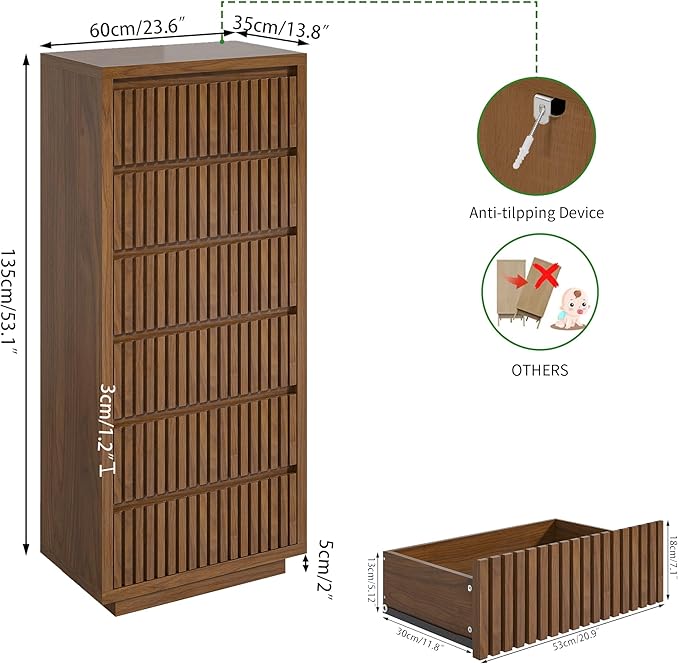 Fluted Tall 6 Drawer Dresser, Mid Century Dresser - Image 2