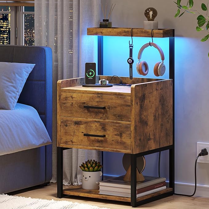 VIAGDO Nightstand with Charging Station and LED Lights, Rustic Brown Bedside - Image 8