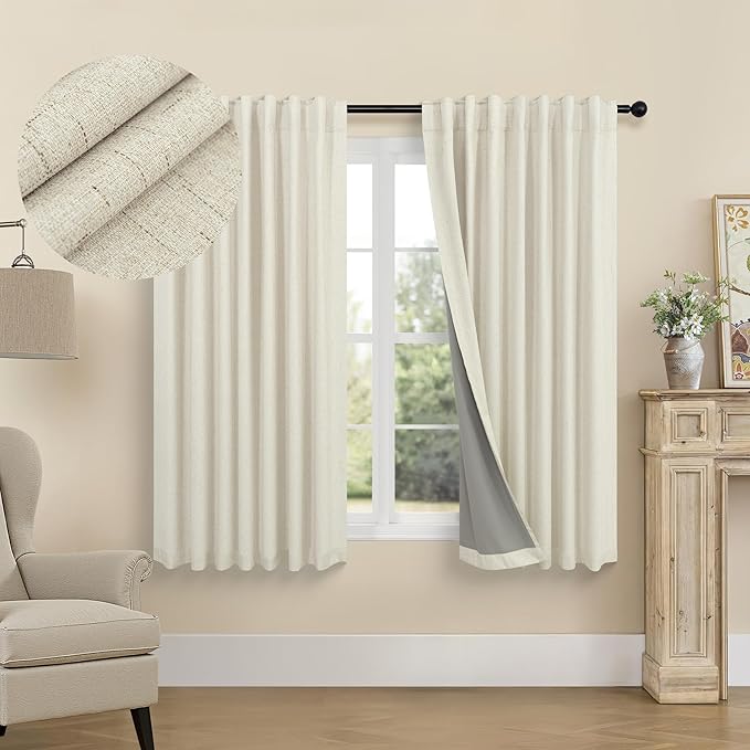 Linen Textured Boho 100% Blackout Small Window Curtains 45 inch Length 2 Panels by Pitalk
