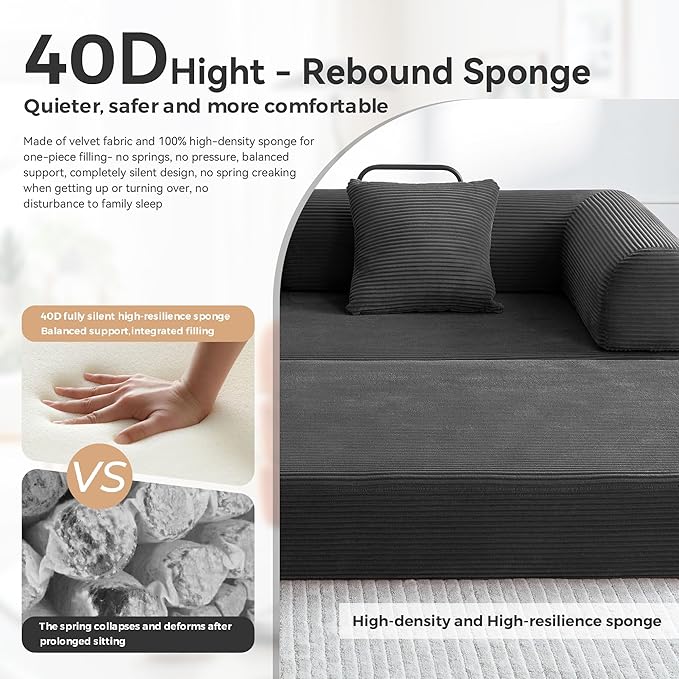 Convertible Sleeper Bed with 2 Cylindrical Pillow, Comfy Foldable Bed - Image 7