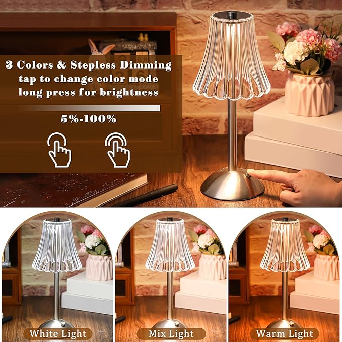 Liliful 2 Pcs Cordless Table Lamp Rechargeable Touch LED Small Gold Portable - Image 4