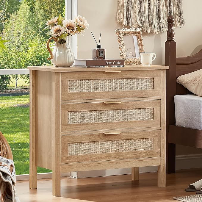 LEYAOYAO 31.5" Wide Rattan Nightstand, Large Boho 3 Drawer Night Stand - Image 4
