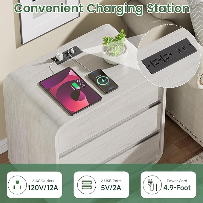 White Nightstand with Charging Station, Modern Dresser End Table with 3 Storage - Image 4