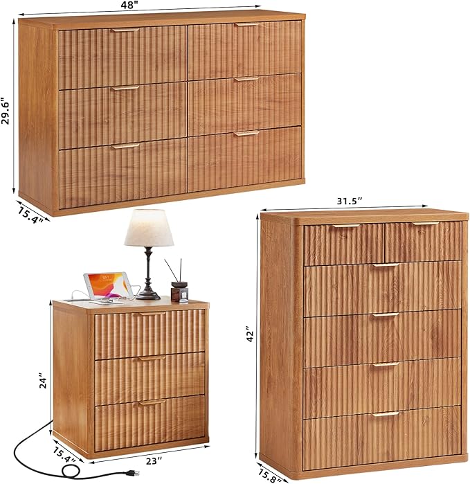 LEYAOYAO Fluted Dressers & Nightstand Set of 3, Wood 48" Wide Dresser & 42" - Image 3
