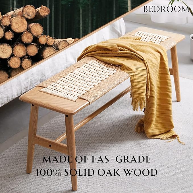 31.5'' Woven Dining Beach with 100% Solid Oak Wood Bench Frame, Hand Knitted - Image 6