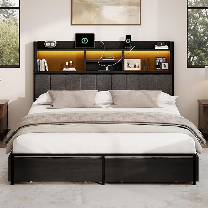 Queen Bed Frame with 6 Storage Drawers, Linen Upholstered Headboard, Built-in - Image 9