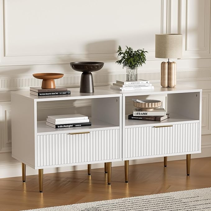White Nightstand Set of 2, Modern Nightstand by Housoul