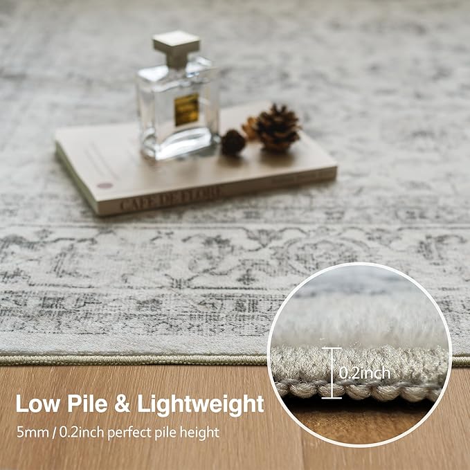 FMFUNCTEX 5x7 Washable Area Rug Grey Neutral Vintage Non Slip Low Pile - Image 4