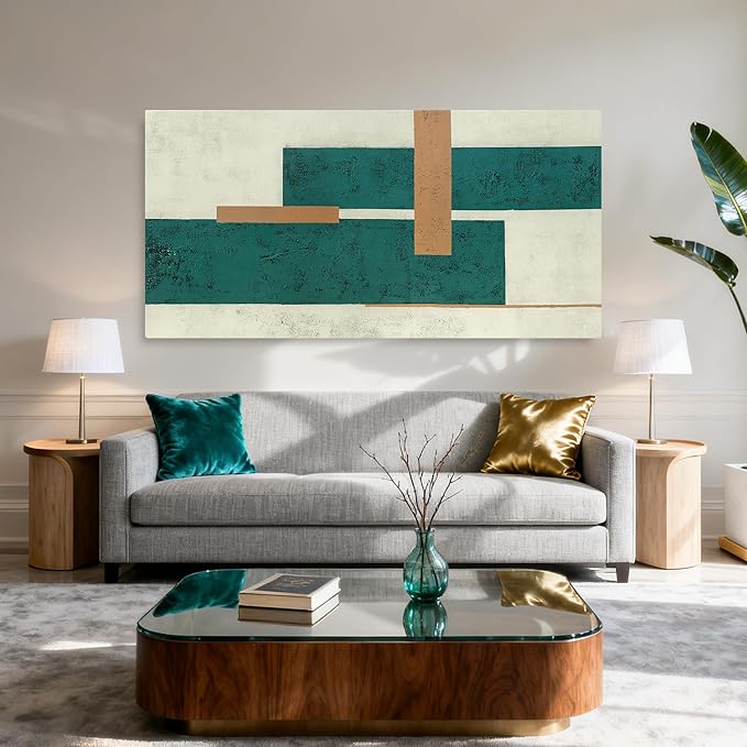 YETHEN WAL Teal Green Abstract Canvas Wall Art Geometric Textured Wall Decor by Unknown