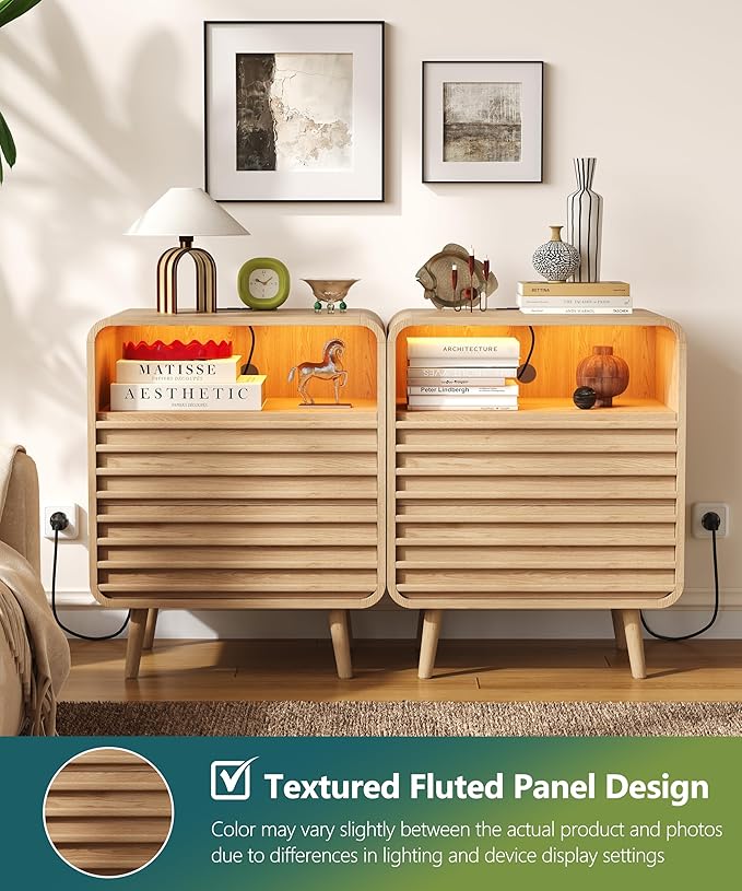 22.4"W Fluted Night Stand with 2 Drawers and Opening Shelf, RGB Nightstand with - Image 7