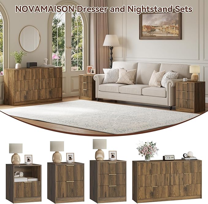 Walnut Dresser & Nightstand Set 3-Piece, 6 Drawer Dresser and Night Stand Set - Image 4